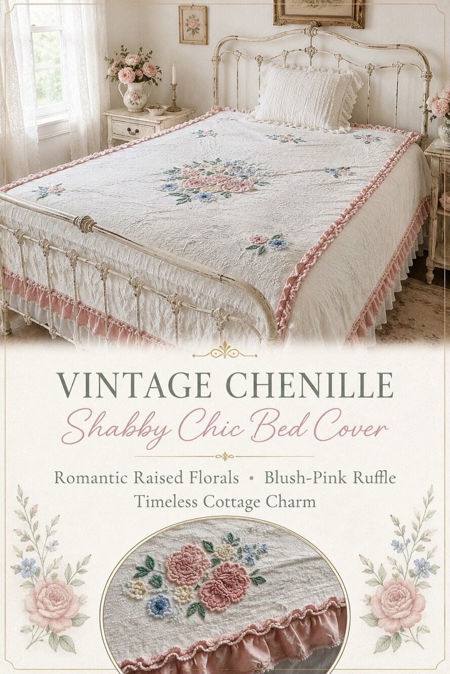 1950's Floral Chenille Bedspread 104”X 96” Shabby Chic Cottagecore Needle Tuft